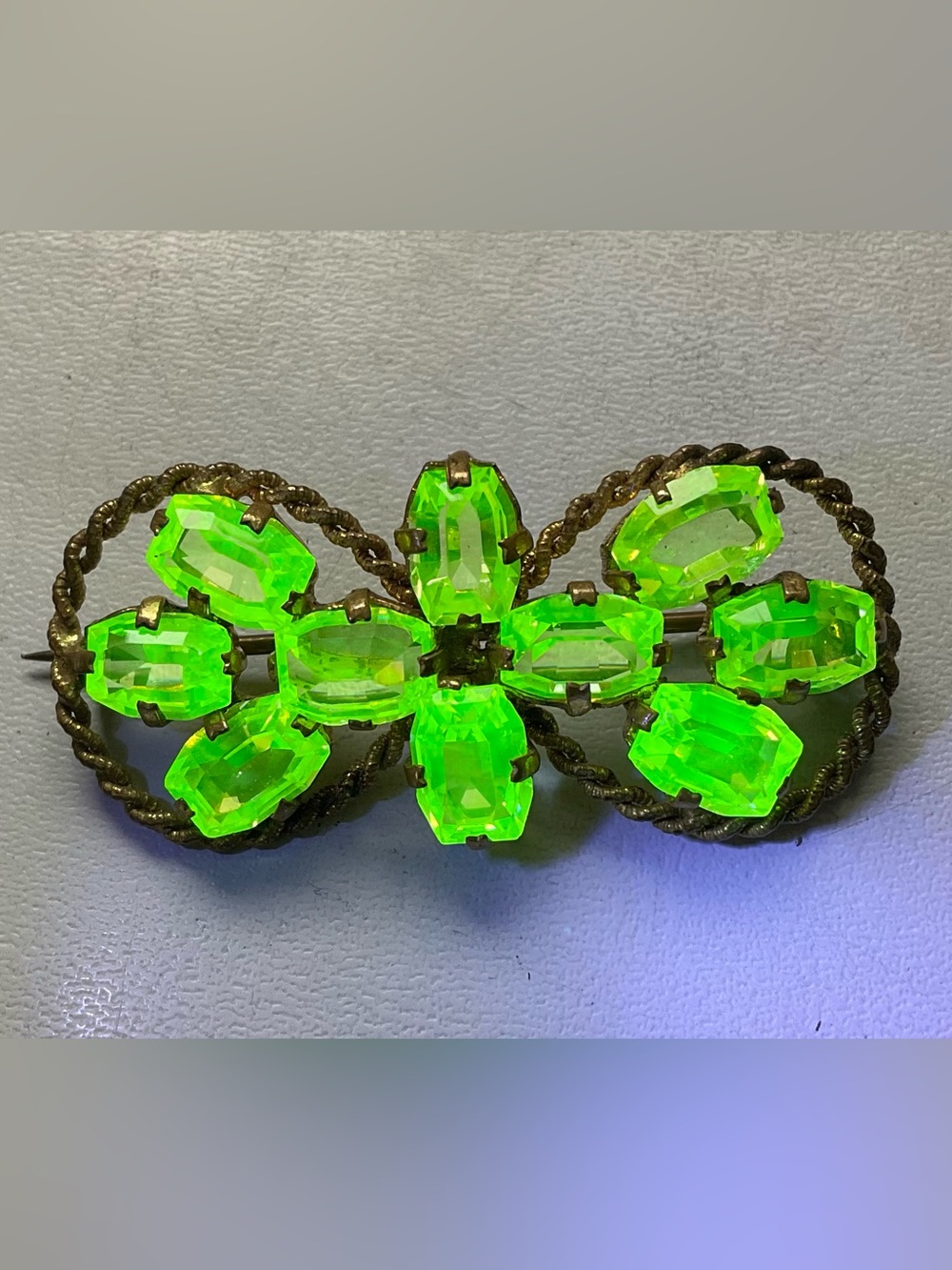 Antique Czech Canary Crystal Glass Brooch Uranium Black Light